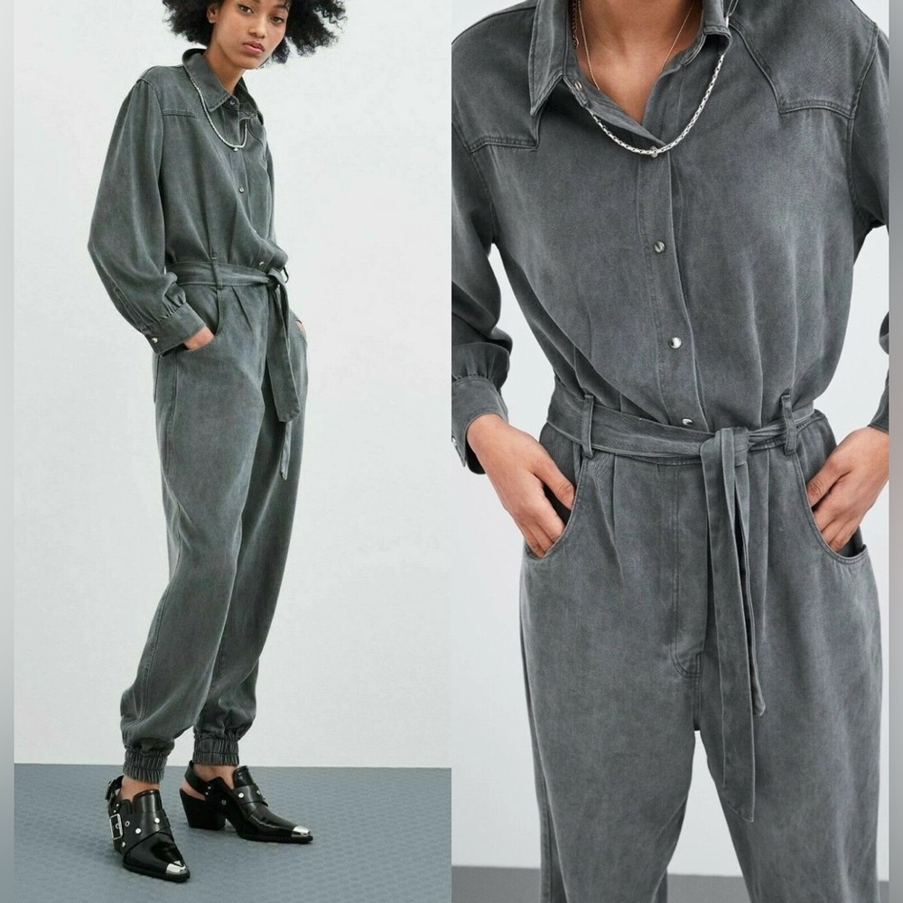 NWT Zara Grey Jumpsuit buttoned with waist tie and elastic hems, Small - Picture 4 of 14